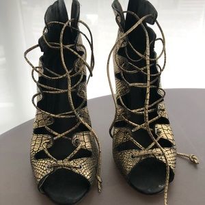 Schutz gold croc lace up heels